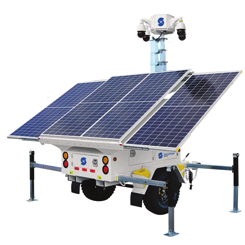 Scutum Digital mobile security tower with solar panels and 360-degree cameras